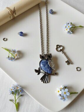 Blue Spot Jasper Owl Necklace | Zinc Alloy Owl Pendant | Dark Calm Necklace